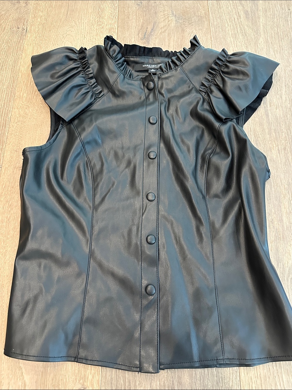 Marc New York Black Faux Leather Ruffle Cap-Sleeve Button Front Top